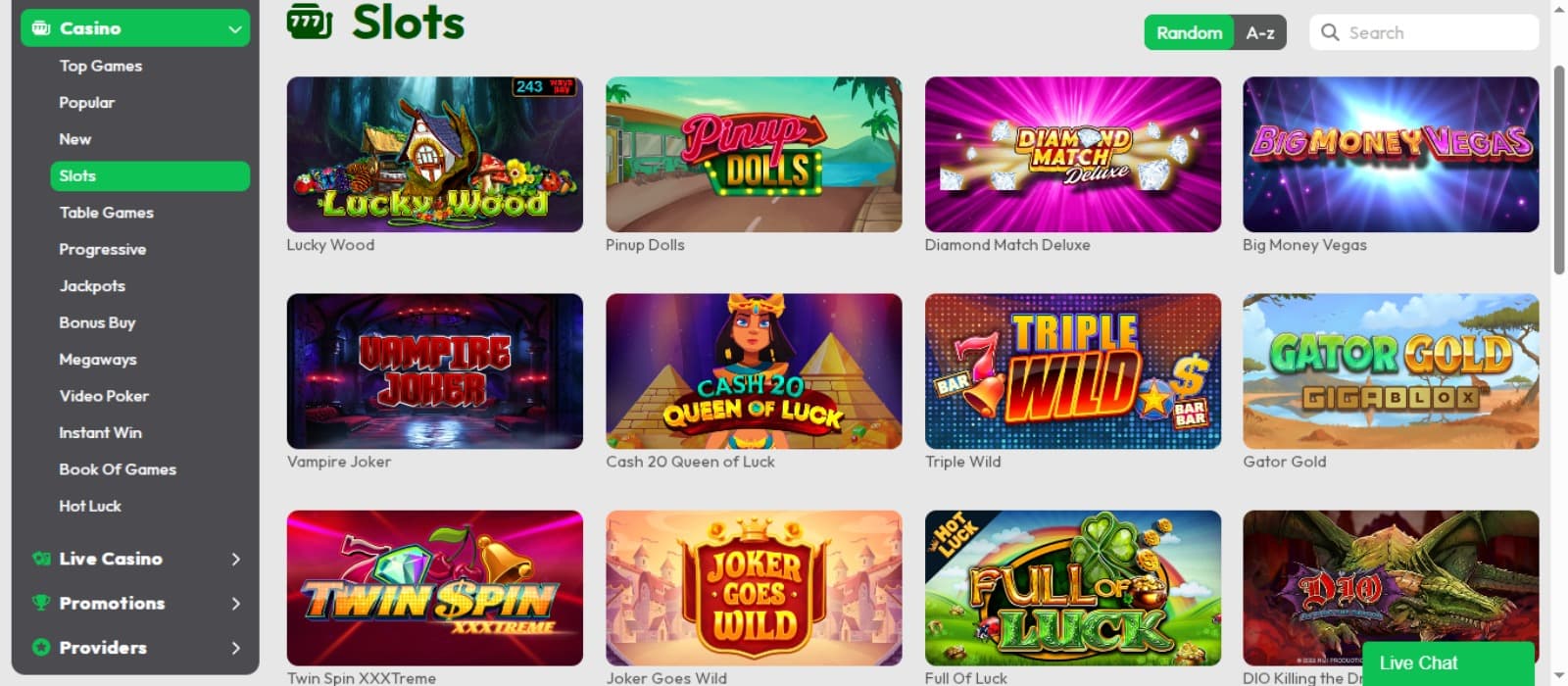 SlottoJAM Casino games page with the colorful slot game icons and side navigational menus for game categories