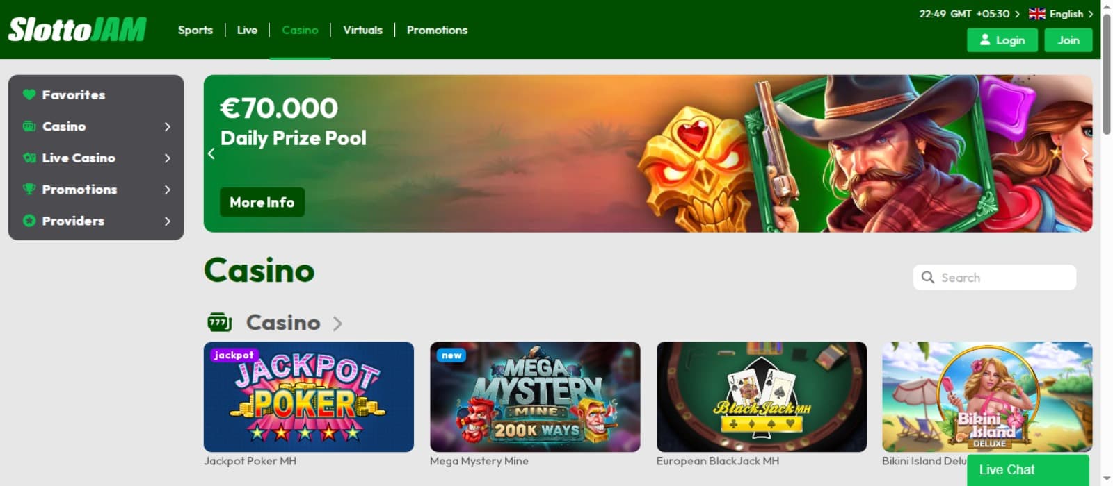 SlottoJAM Casino landing page with the Daily prize pool offer banner, game banners below, side navigation menus for casino and top navigation menus of casino and sportsbook
