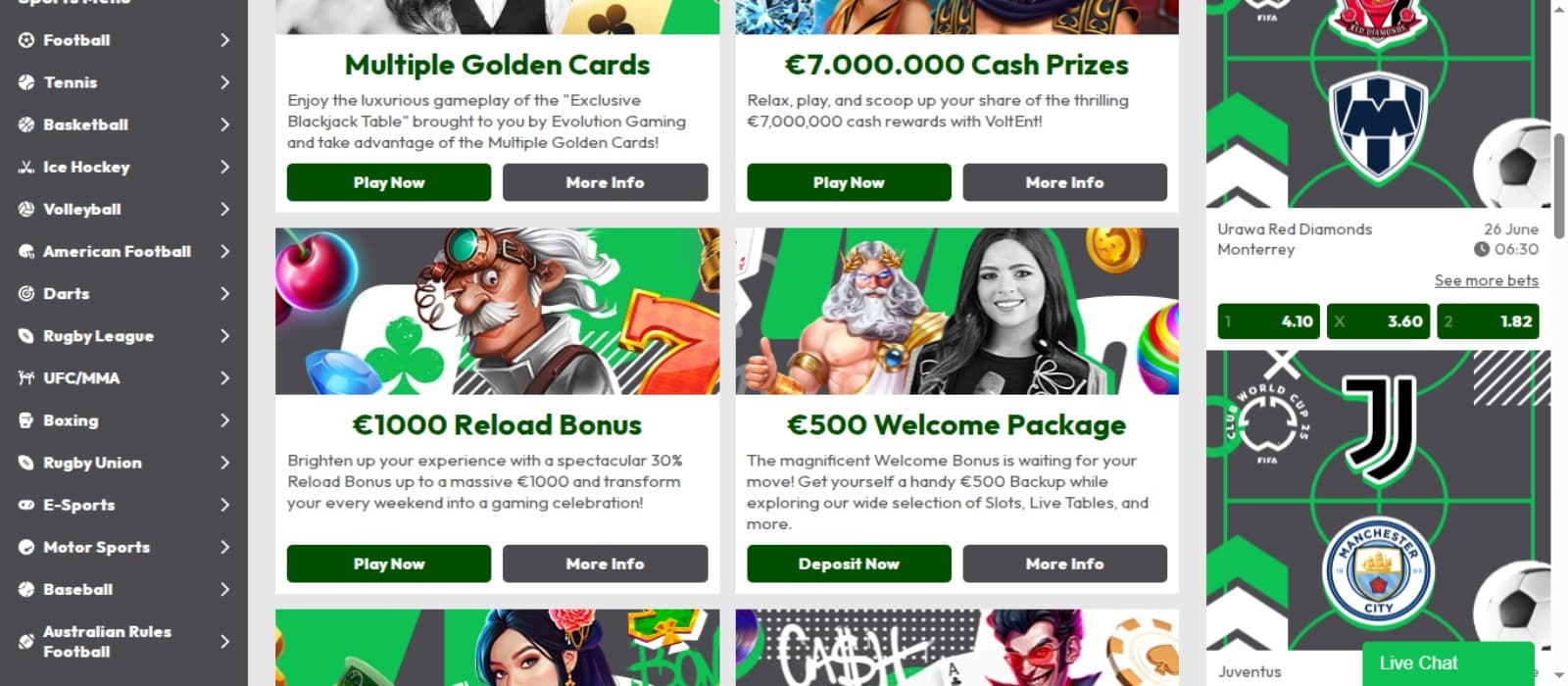 SlottoJAM Casino promotions page with the welcome bonus offer and other bonus offer banners, side navigational menus and sportsbook table at the right side