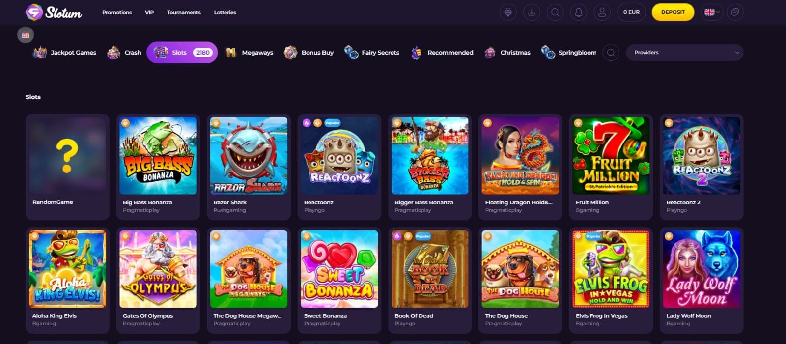 The games page of Slotum Casino presents a wide range of slot games, such as Big Bass Bonanza, Razor Shark, and more.