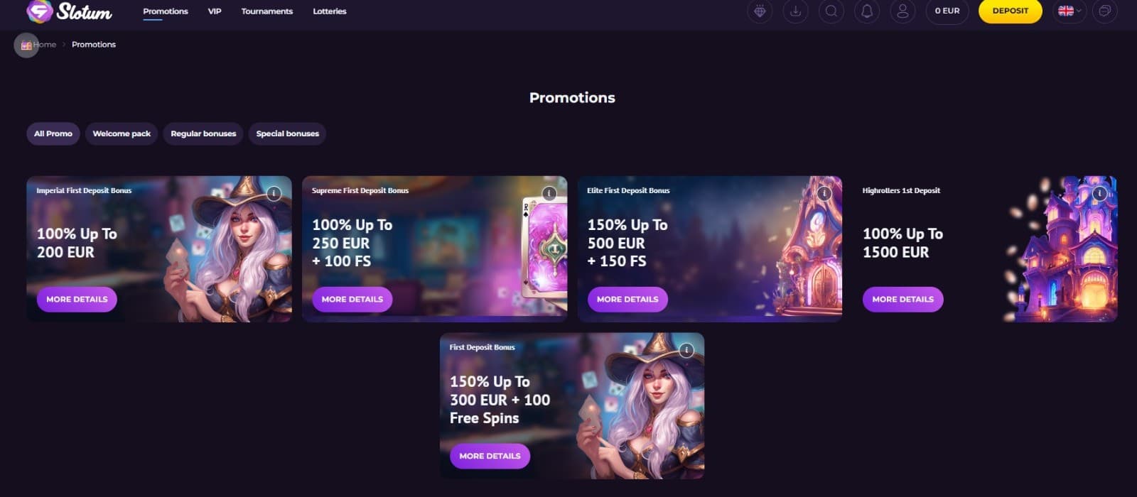 The promotions page of Slotum Casino showcases a variety of casino bonuses, such as the Imperial First Deposit Bonus, Supreme First Deposit Bonus, and more.