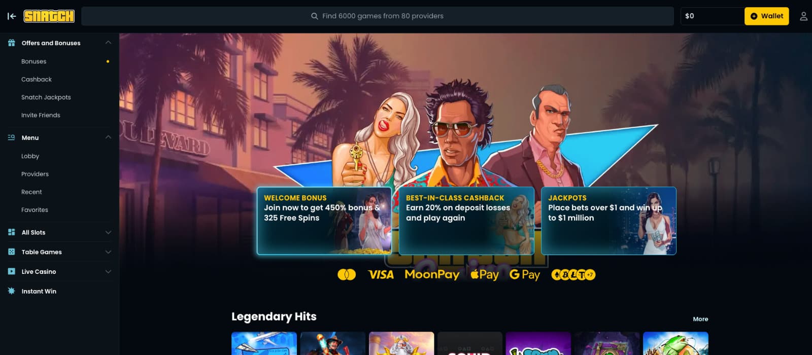 Snatch Casino landing page featuring large banners for the welcome bonus, cashback offers, and jackpots. The design includes illustrated characters, palm trees, and supported payment logos like VISA, MoonPay, and Apple Pay.
