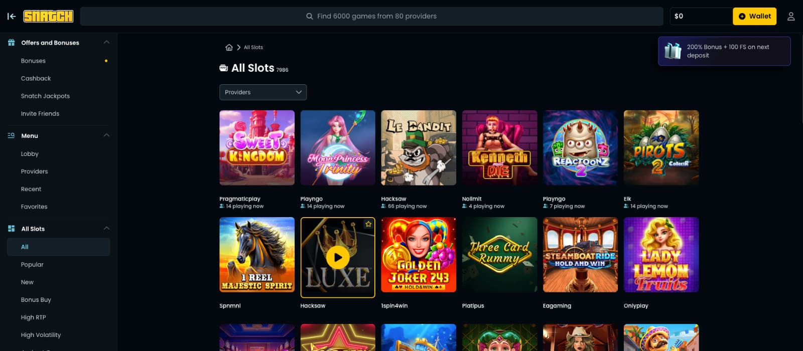 Snatch Casino games page showing a grid of slot titles such as Sweet Kingdom, Moon Princess Trinity, and Golden Joker 243. 