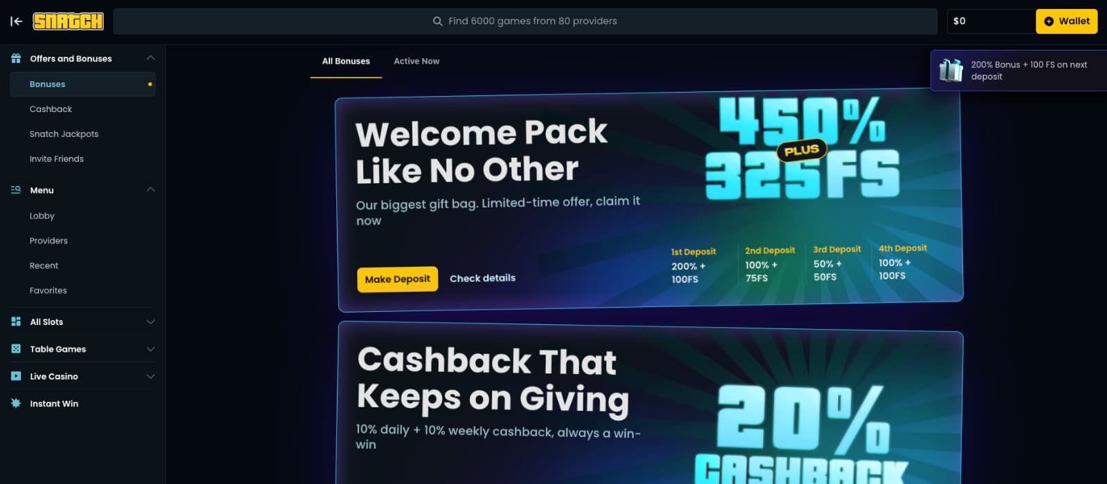 Snatch Casino promotions page highlighting a 450 percent welcome bonus with 325 free spins. Bonus breakdowns for each deposit are shown below the main banner.