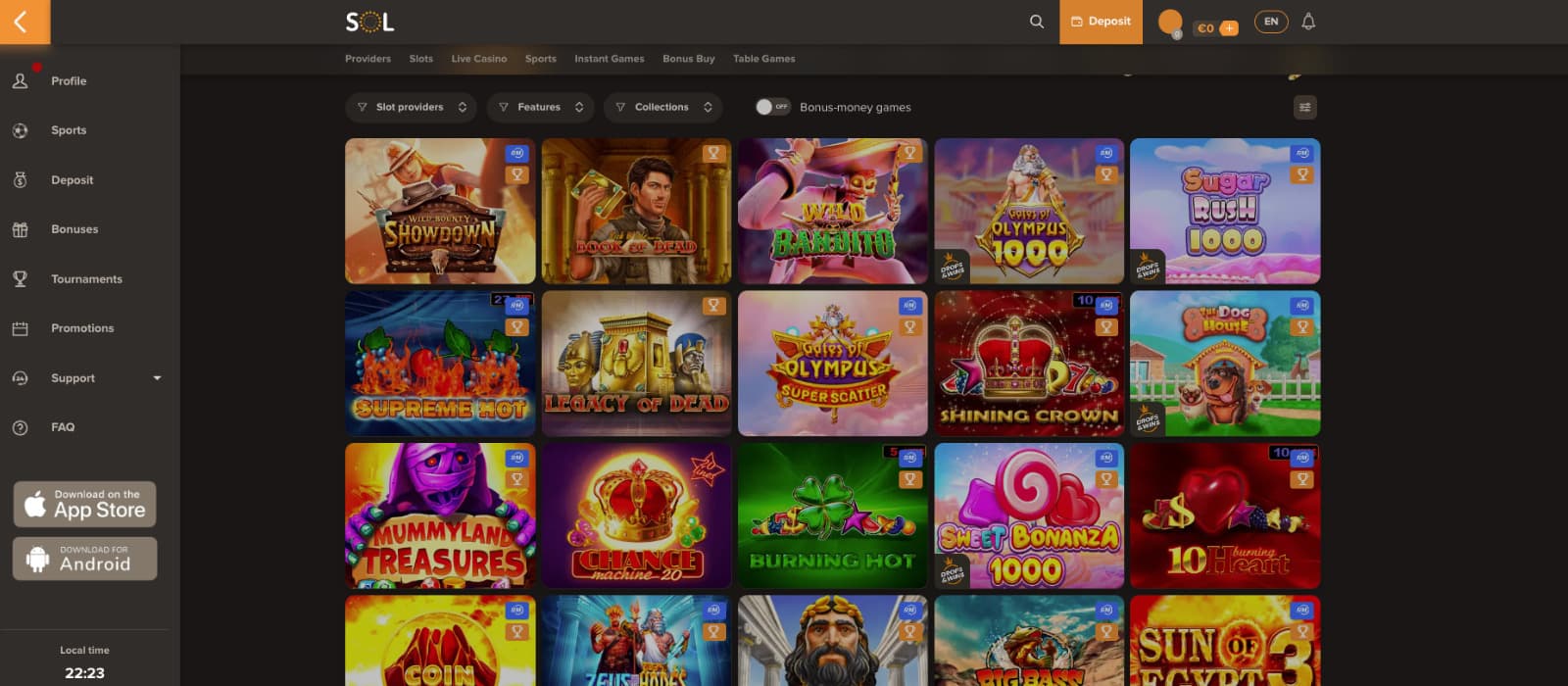 SolCasino landing page displaying the welcome bonus of 100% up to €600 plus 500 free spins, with navigation to promos, VIP Club, and popular slot titles 