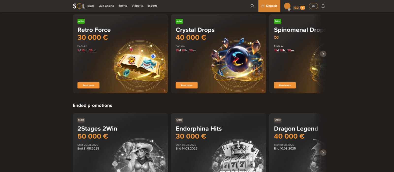 SolCasino promotions page highlighting active tournaments and offers such as Retro Force with €30,000 prize pool, Crystal Drops with €40,000, and Spinomenal Drops.