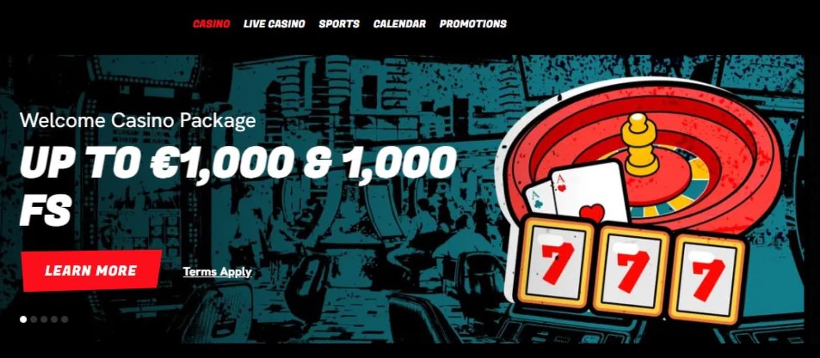  The landing page of Sons of Slots Casino shows the welcome package of up to 1000 euros and 100 free spins.