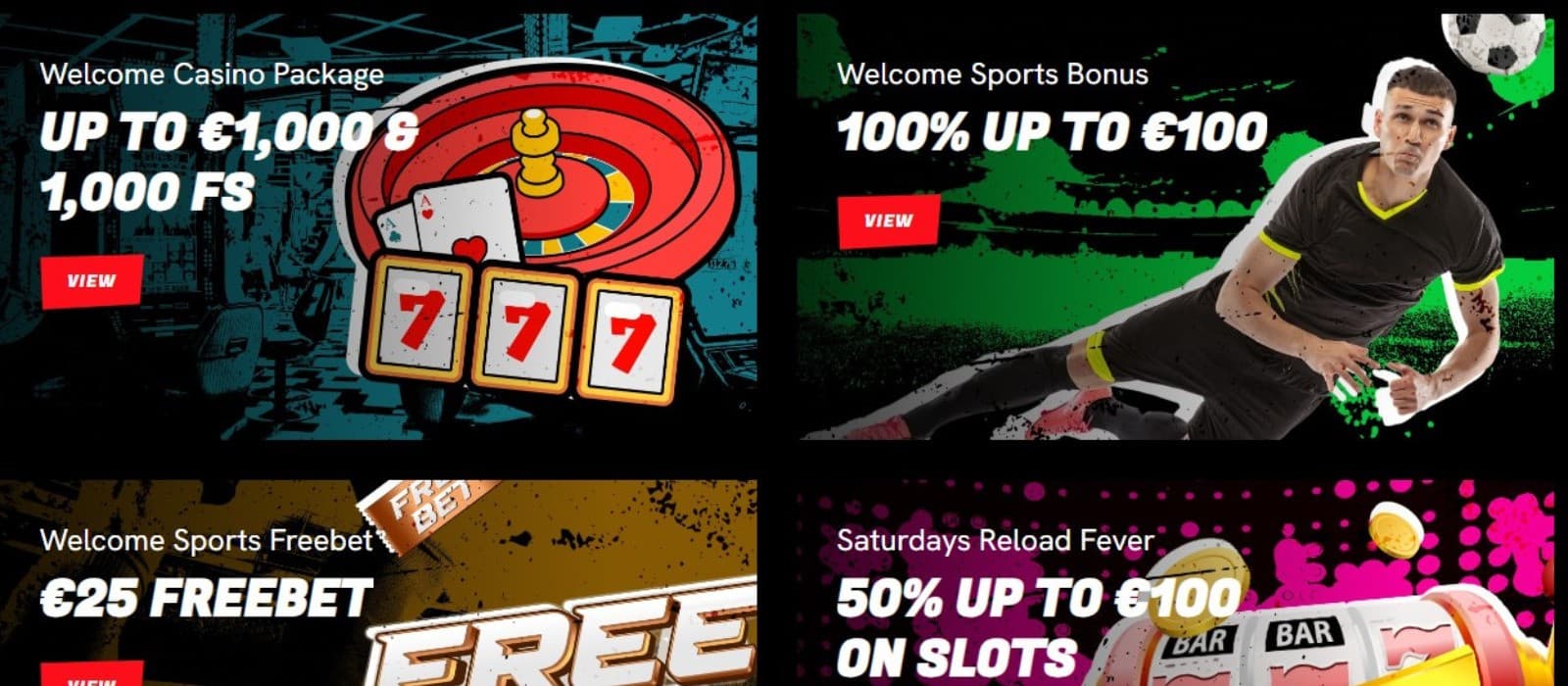 The promotions page of Sons of Slots Casino display a selection of casino bonuses, such as the welcome casino package, welcome sports bonus, and more.