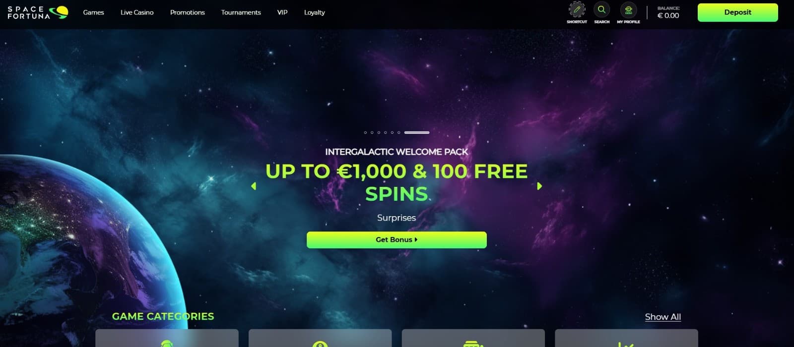 The landing page of Space Fortuna Casino showcases the welcome bonus up to 1000 euros and 100 free spins.