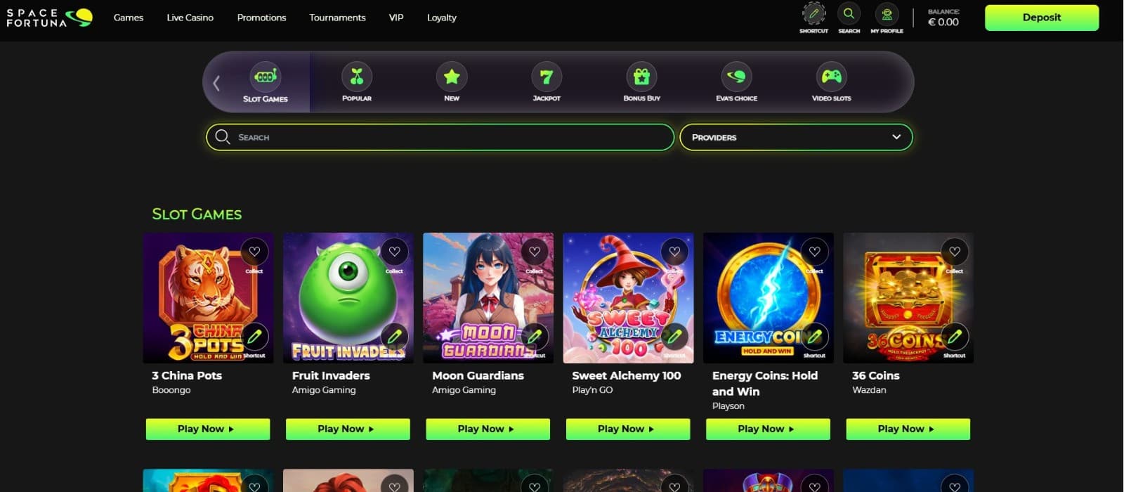  The games page of Space Fortuna Casino presents the most popular slot titles, such as Fruit Invaders, 3 China Pots, and more.