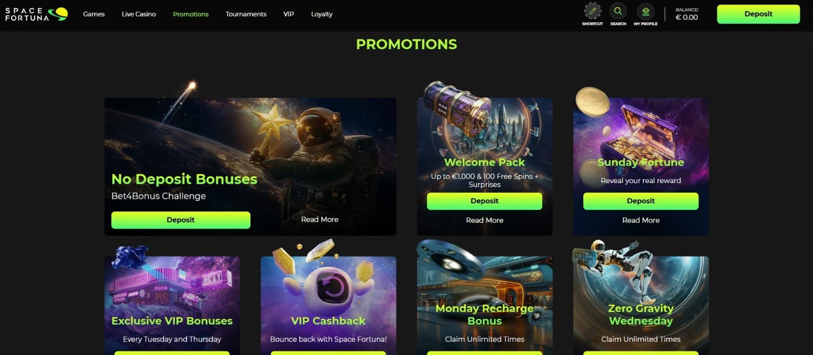 The promotions page of Space Fortuna Casino displays a range of casino bonuses, such as the welcome bonus, Monday Recharge Bonus, and more.