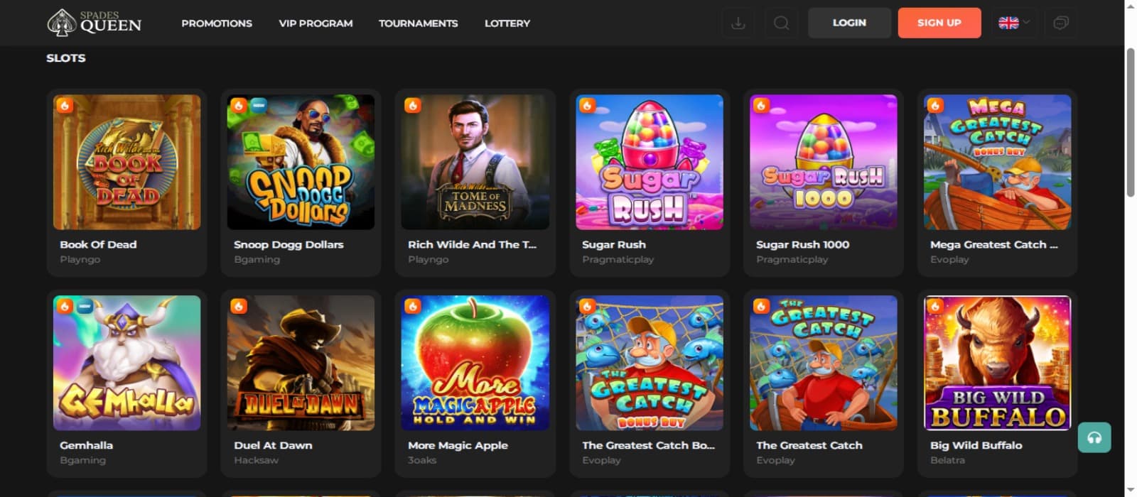 Spades Queen Casino games page with the colorful slot game icons, top navigational menus and log in options