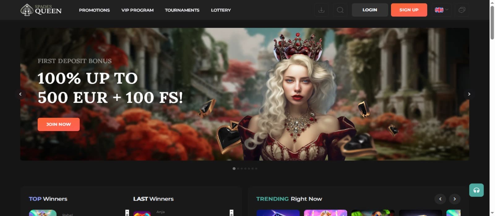 Spades Queen Casino landing page with the welcome bonus banner illustrating a queen, top navigational menus and log in options