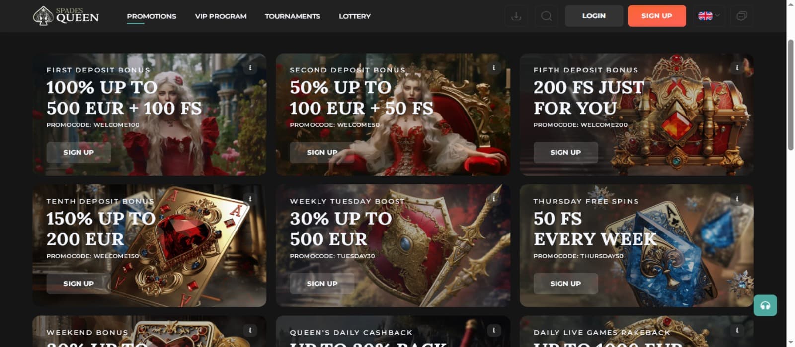 Spades Queen Casino promotions page with the various bonus offer banners and top navigational menus