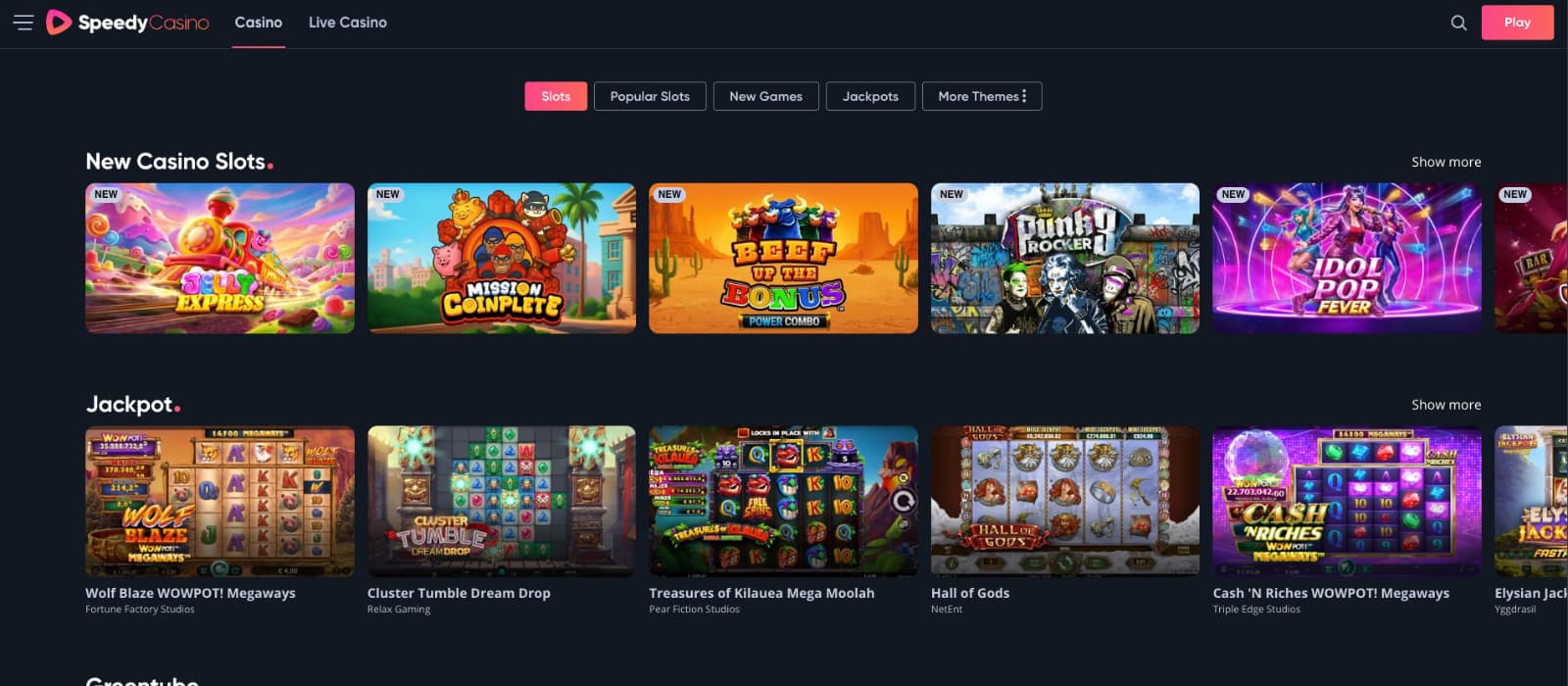 Speedy Casino slots library showing new games, jackpots, and easy navigation filters
