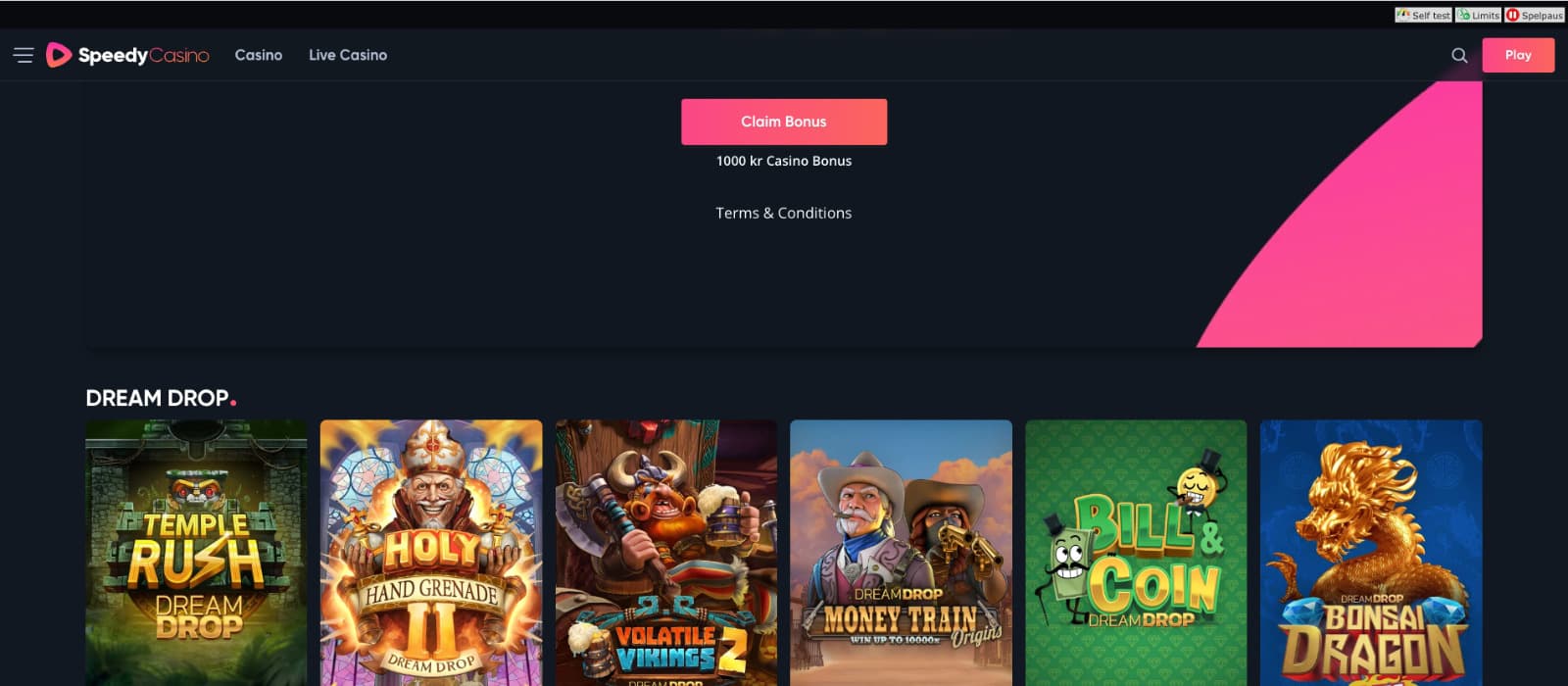 Speedy Casino homepage showing 100% welcome bonus up to 1000 SEK and minimalist Pay N Play layout
