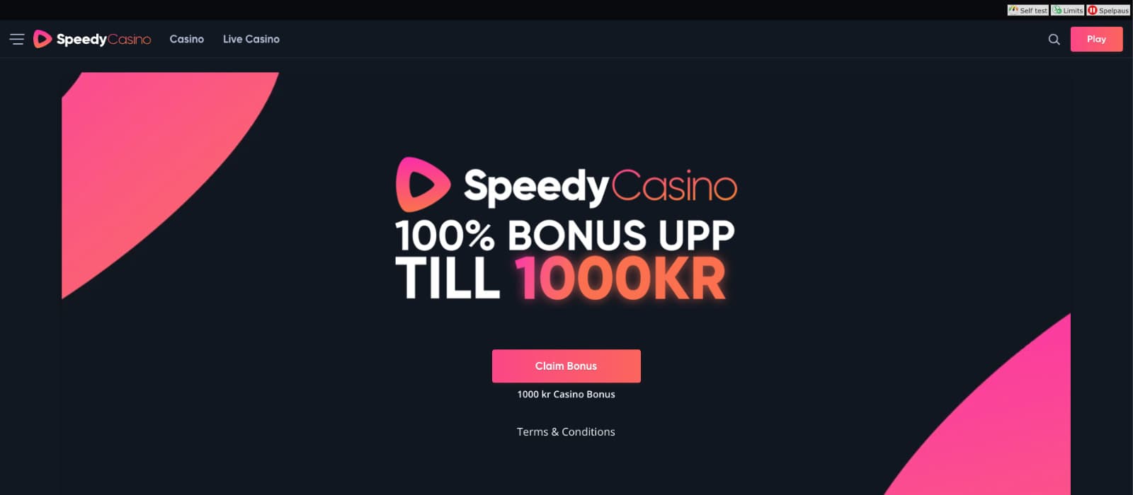 Speedy Casino bonus banner with 100% deposit match up to 1000 SEK and claim bonus button