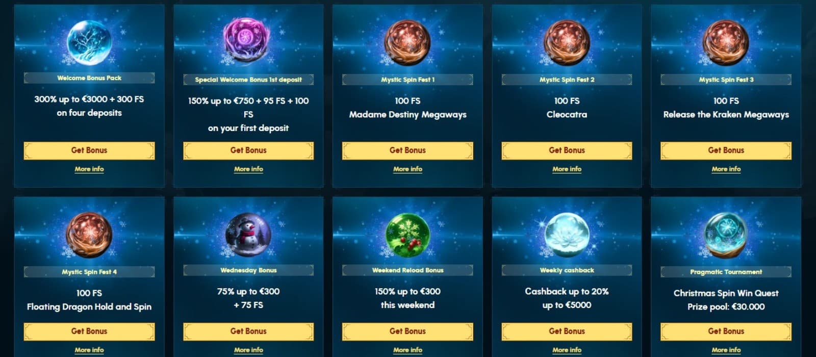  The promotions page of Spellwin Casino displays a wide range of bonuses, such as the welcome bonus, special welcome bonus, and more.