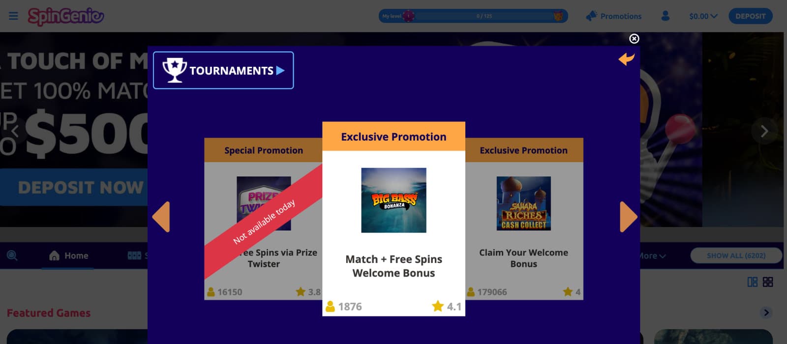 SpinGenie Casino promotions page displaying a tournament pop-up with welcome bonus and free spins offers.