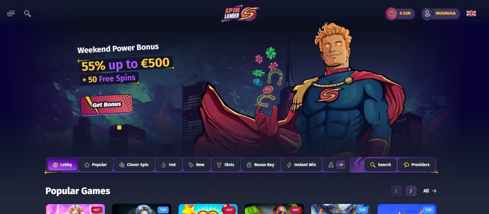 The landing page of Spinlander Casino shows the welcome power bonus of up to 500 euros and 50 free spins.