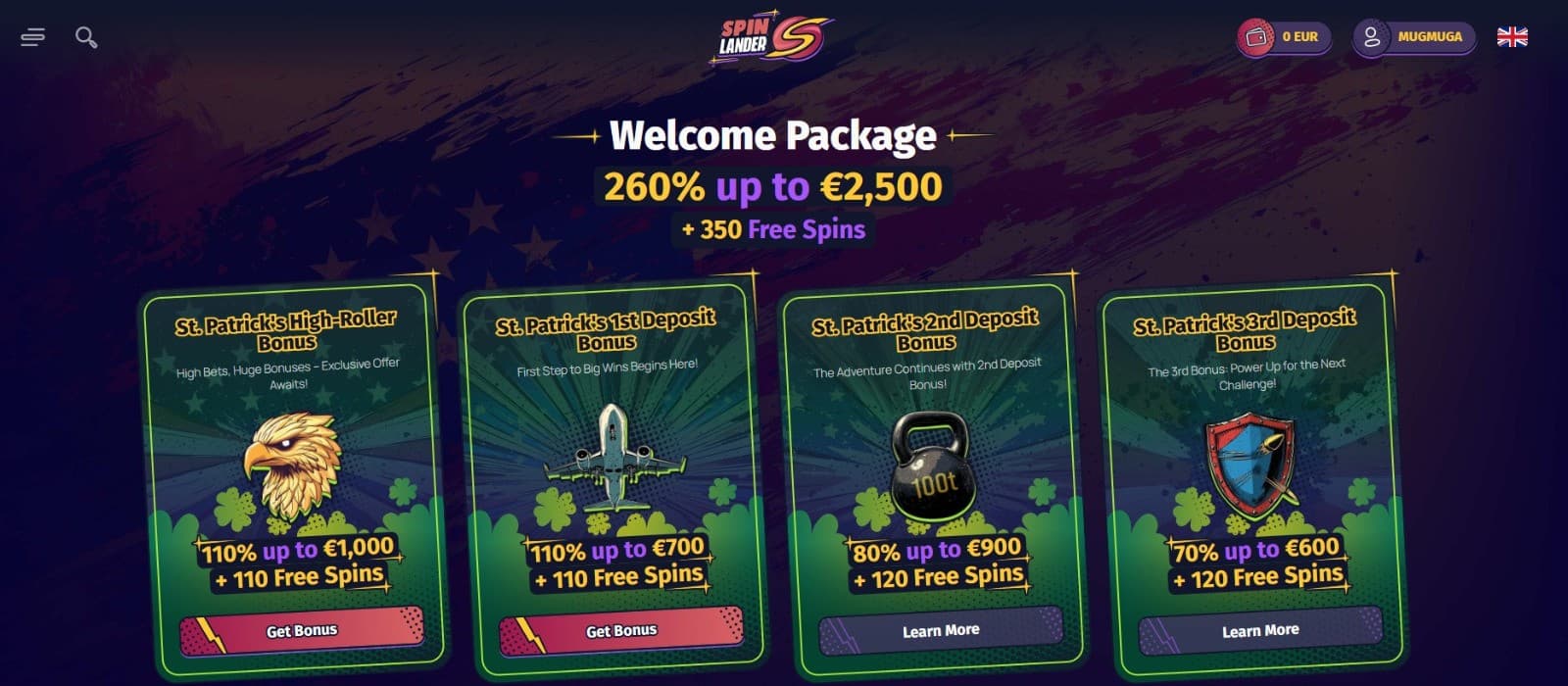  The promotions page of Spinlander Casino presents the welcome package worth up to 2500 euros and 300 free spins.