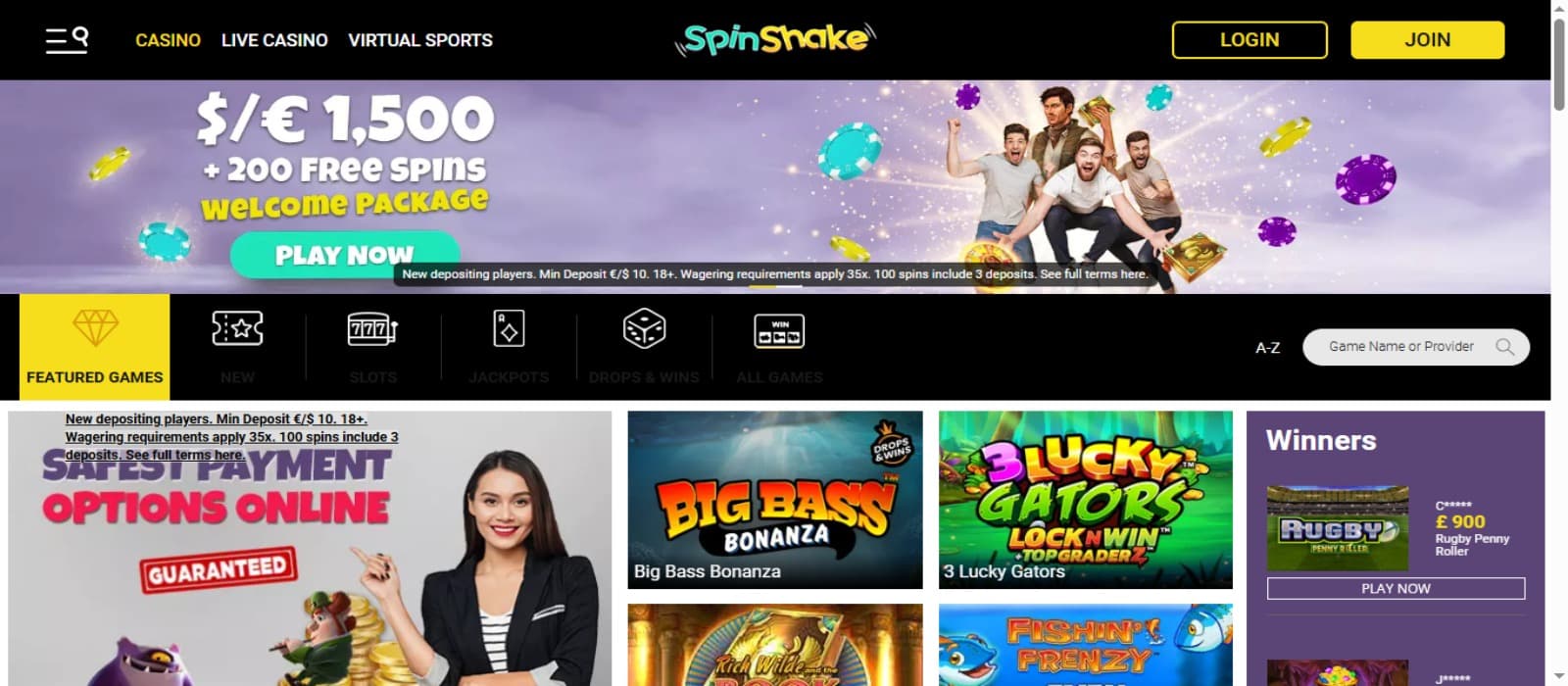 SpinShake Casino landing page with the welcome bonus banner, top navigation menus and game category options below with slot game icons seen