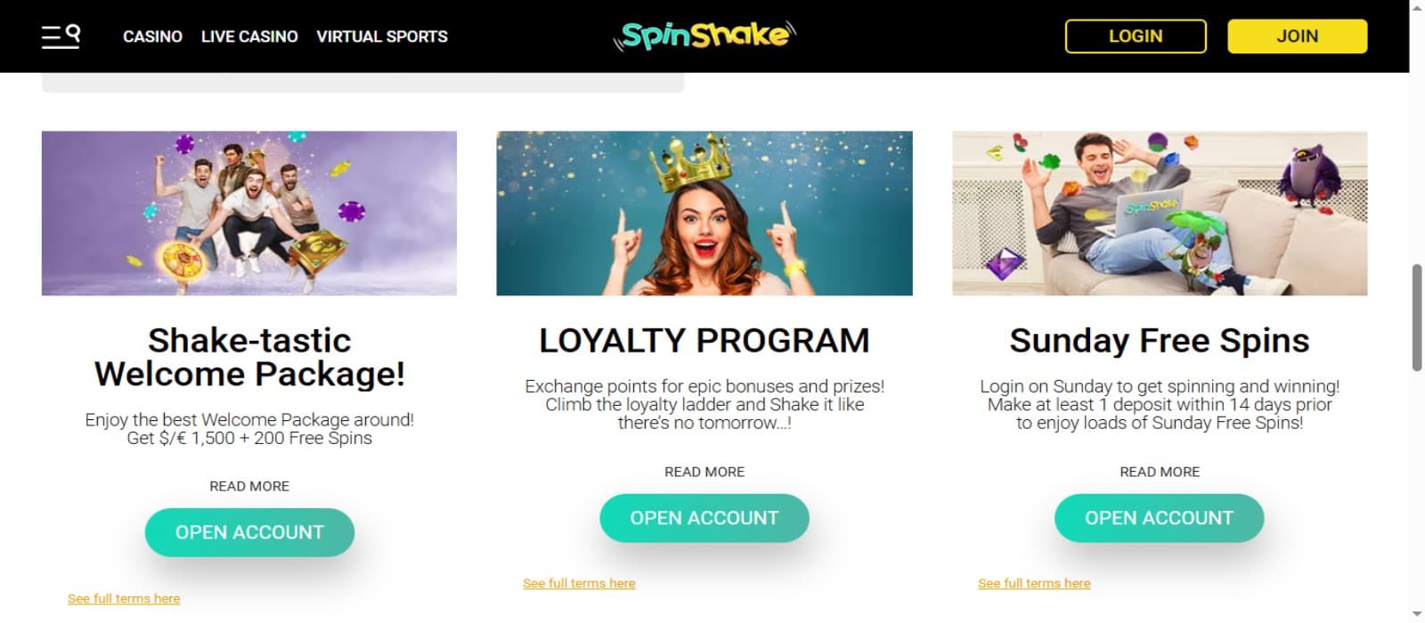 SpinShake Casino promotions page with the welcome bonus offer banner, loyalty program banner and sunday free spins banner and top navigational menus with the casino logo in green and yellow