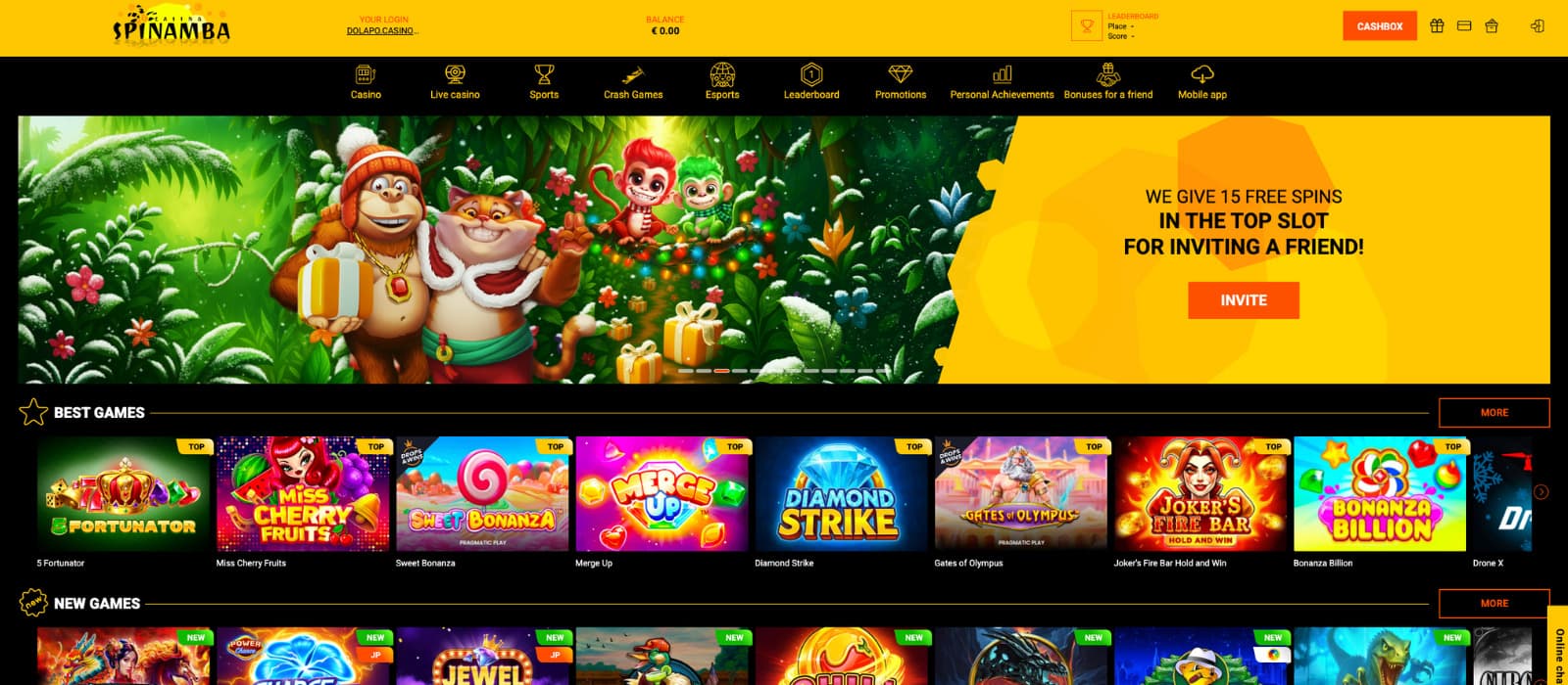 Spinamba Casino homepage highlighting featured promotions, referral bonuses, and top slot games