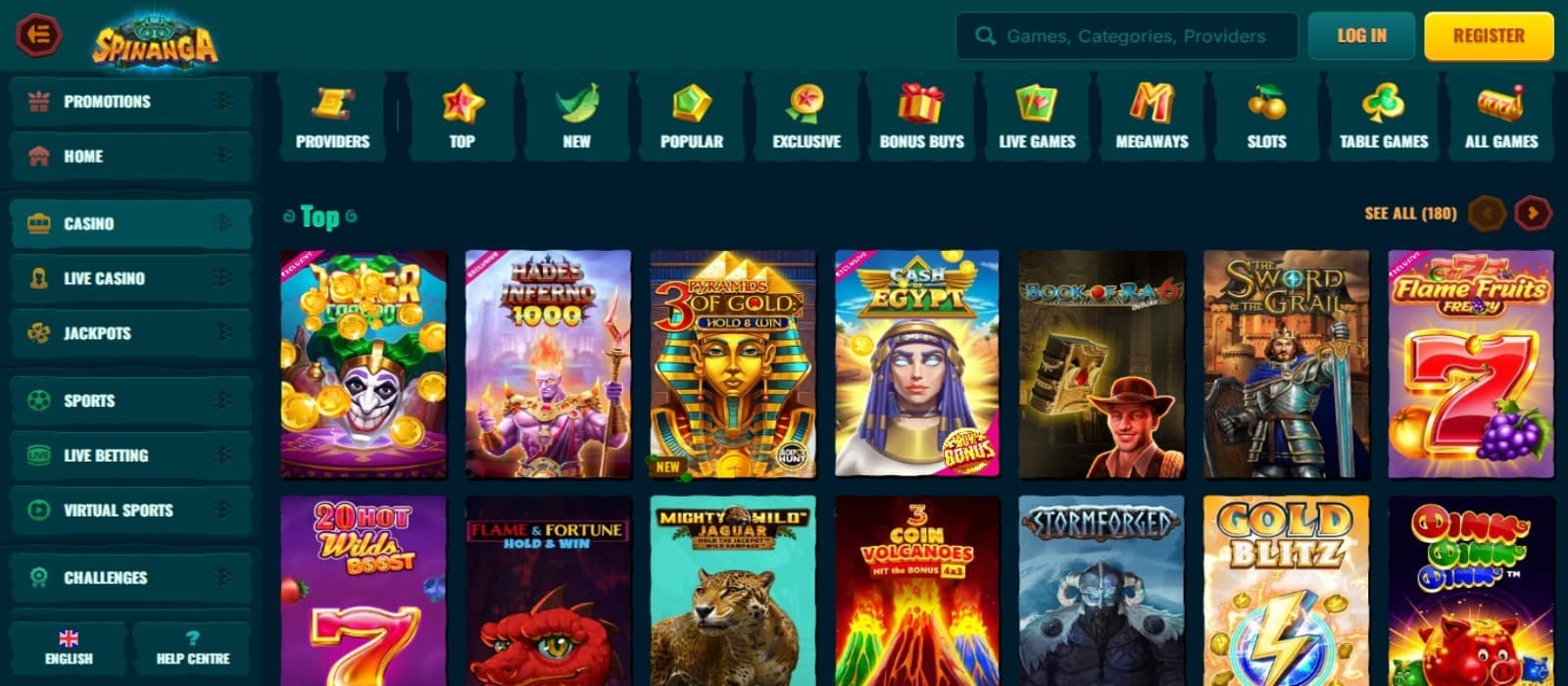 Spinanga Casino games page with the slot game icons, game categories and left side navigation menus