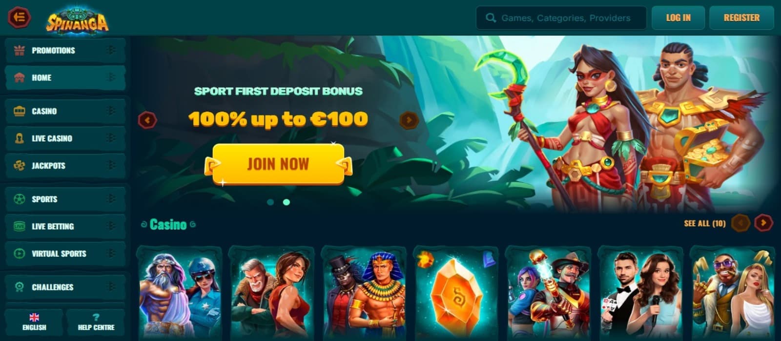 Spinanga Casino landing page with the sports welcome bonus offer banner having animated images and slot game icons below with the left side navigation menus