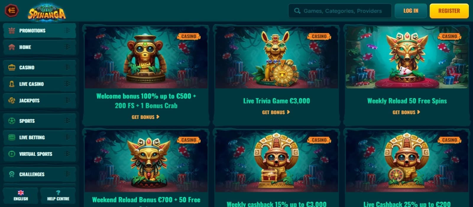 Spinanga Casino promotions page with the various bonus offer banners and left side navigation menus