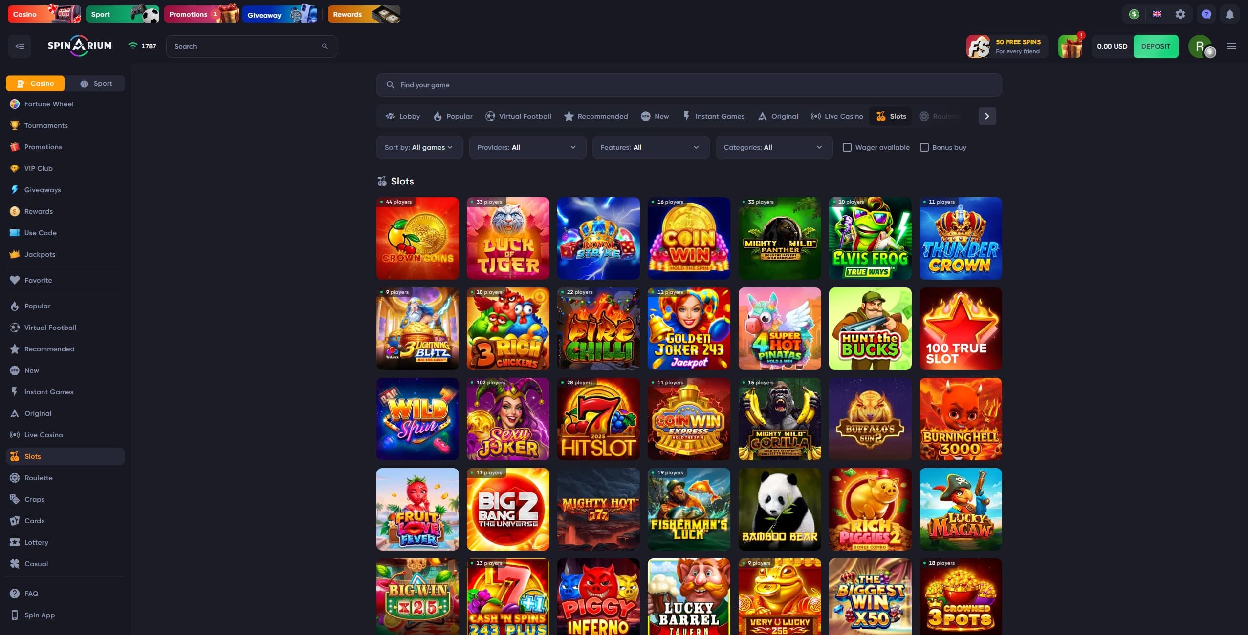 Spinarium Games Page shopwing a selection of slot games and the main menu