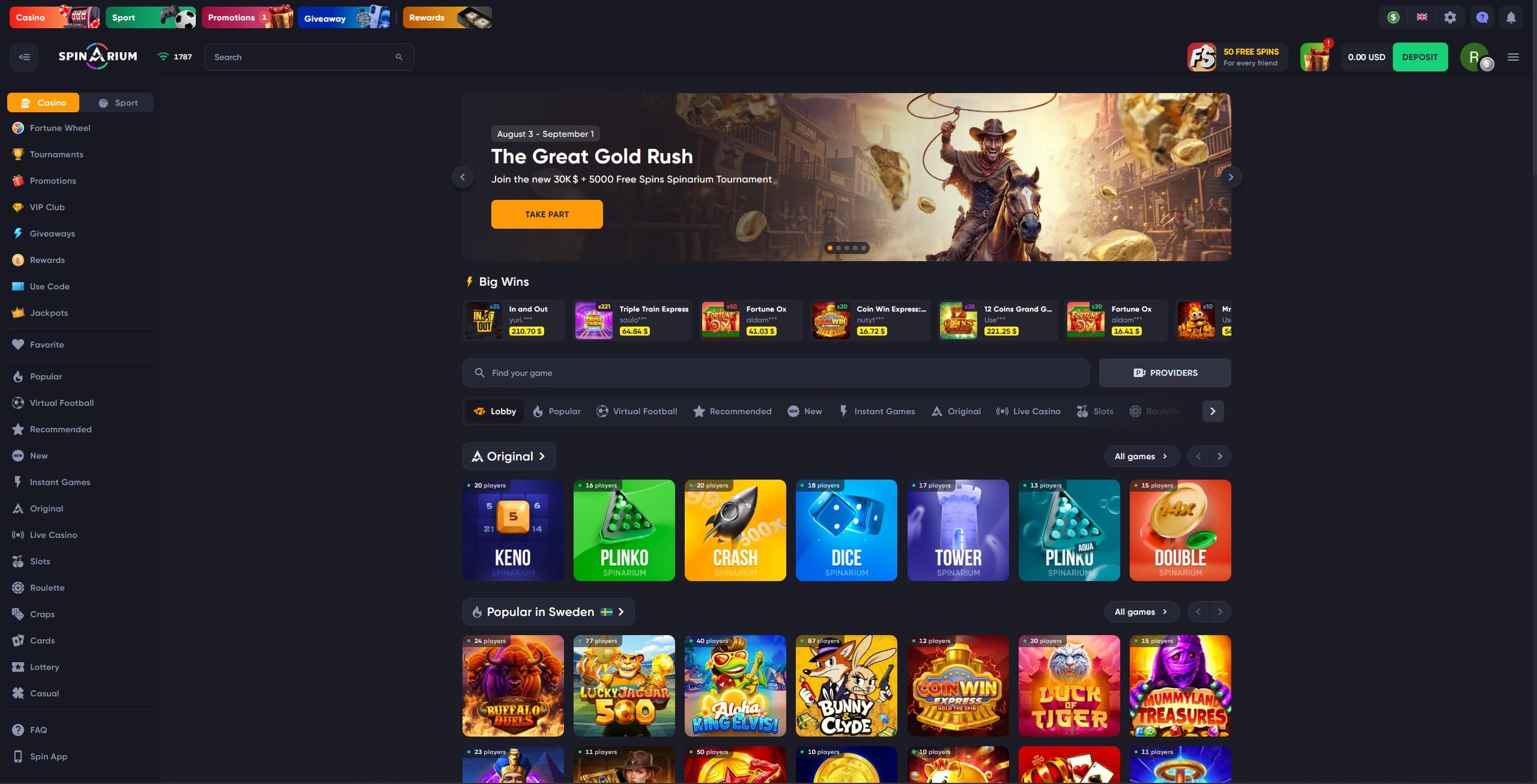 Spinarium Landing Page showing a selection of slots and instant games