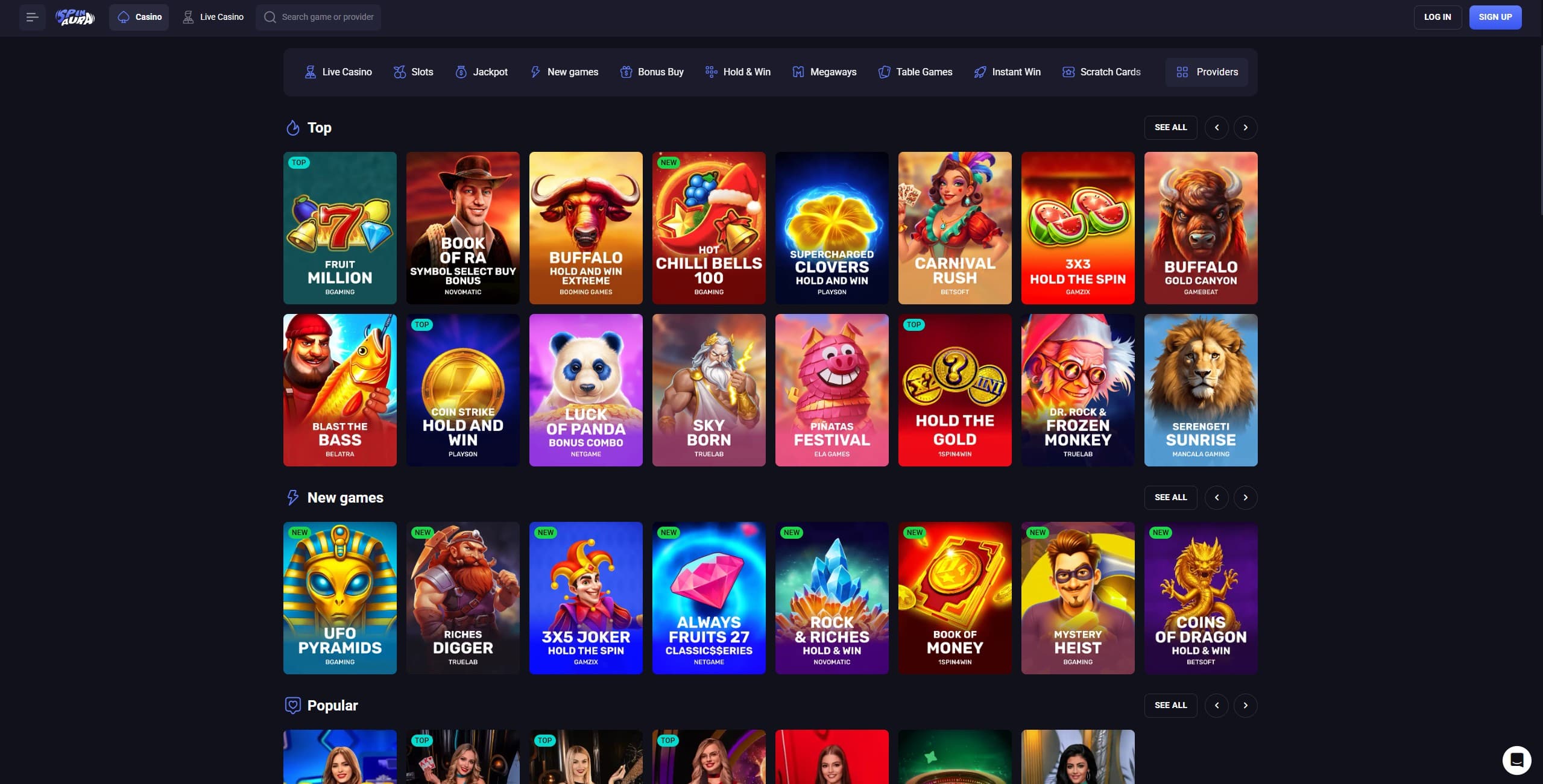 Spinaura Casino games page showing slots and the different game categories