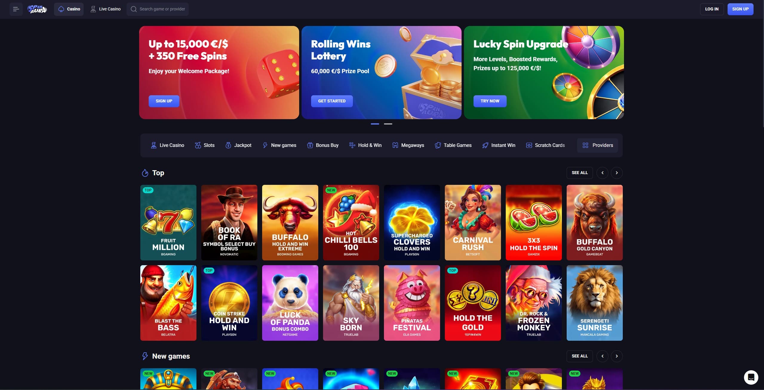 Spinaura Casino landing page showing a selection of promos and games