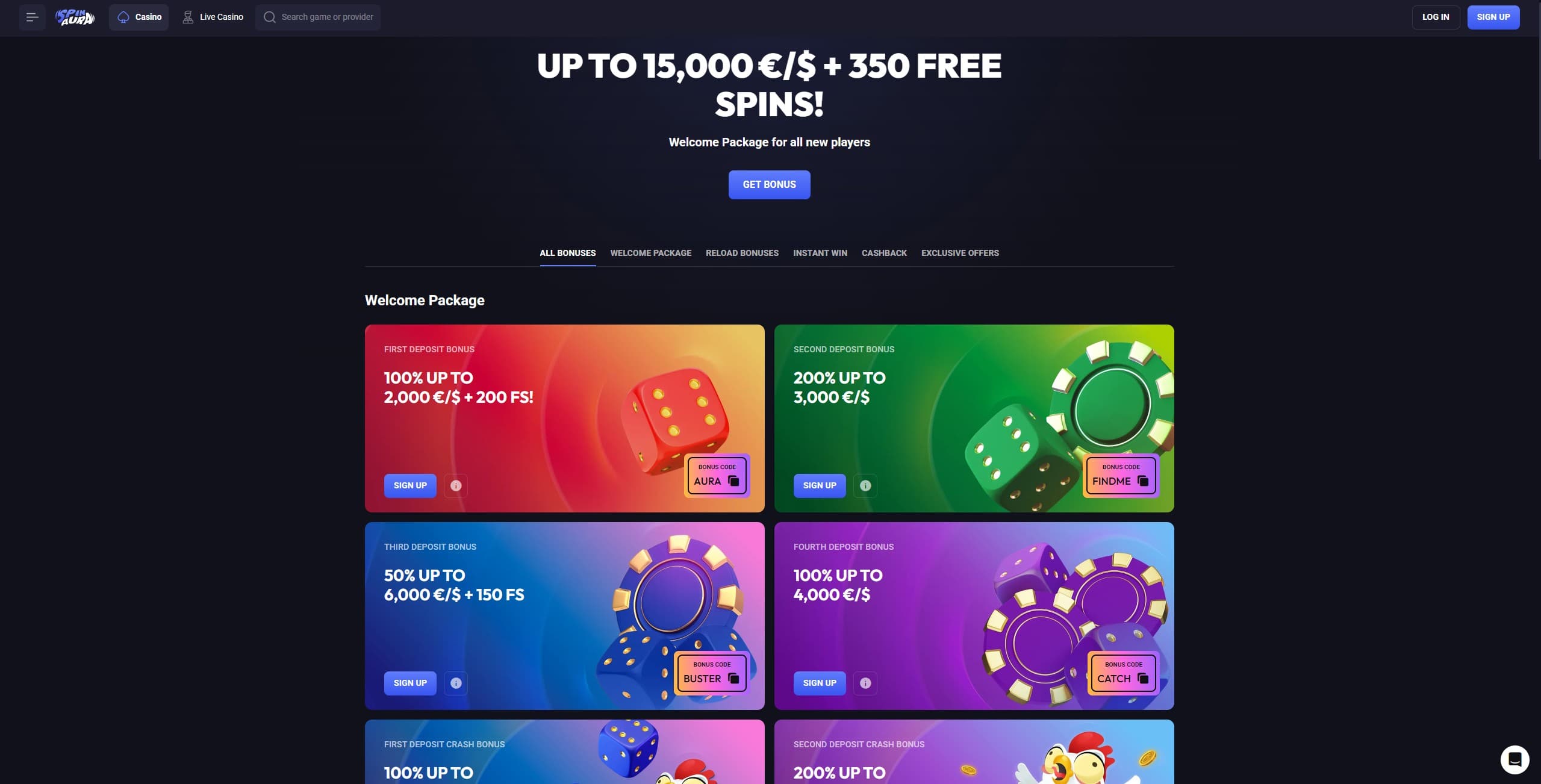 Spinaura Casino promotions page showing welcome offers and other promotions