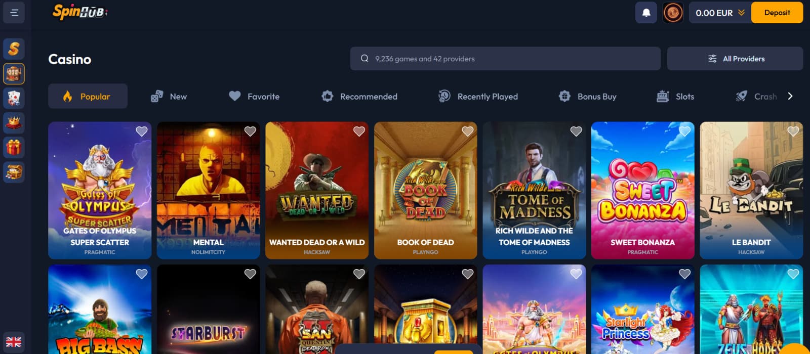 SpinHub casino games lobby with search bar, provider filter, and slot titles like Gates of Olympus and Sweet Bonanza