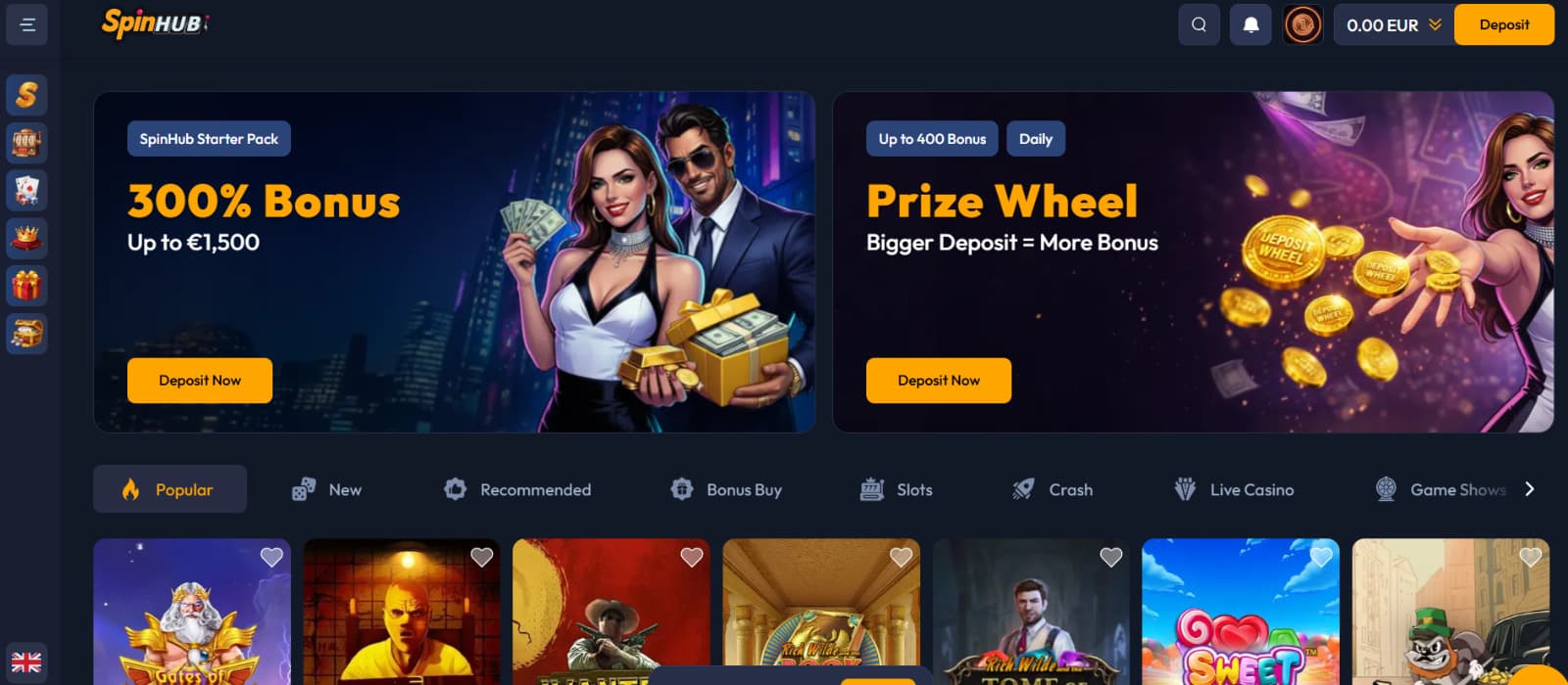 SpinHub casino homepage with featured bonus banners, deposit buttons, and game categories navigation