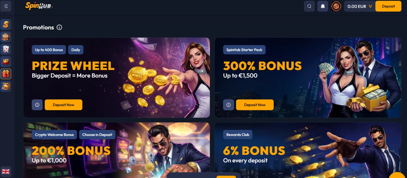 SpinHub casino promotions page showing prize wheel bonus, 300% starter pack, crypto bonus, and rewards club offers