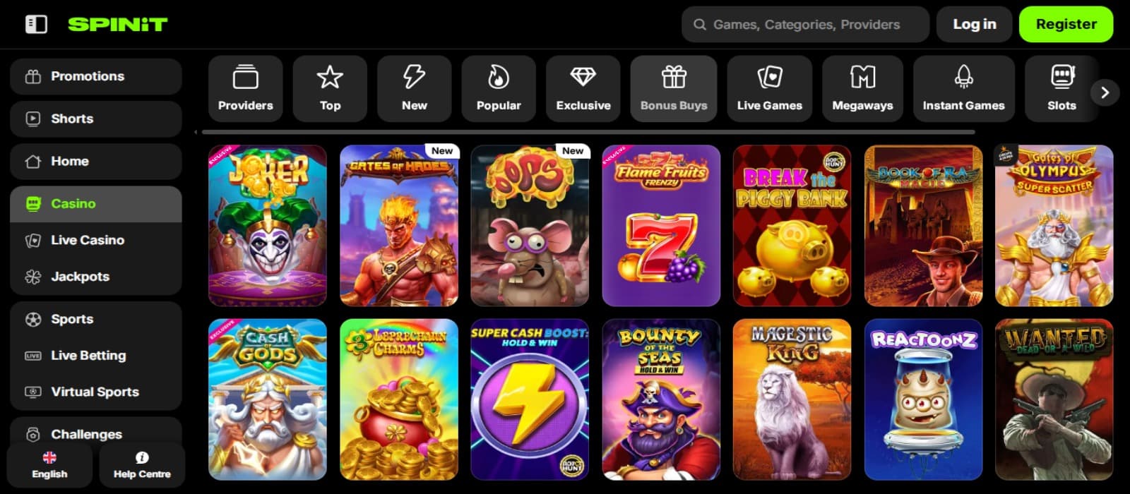 Spinit Casino games page with the colorful slot game icons, game category filters and side navigation menus