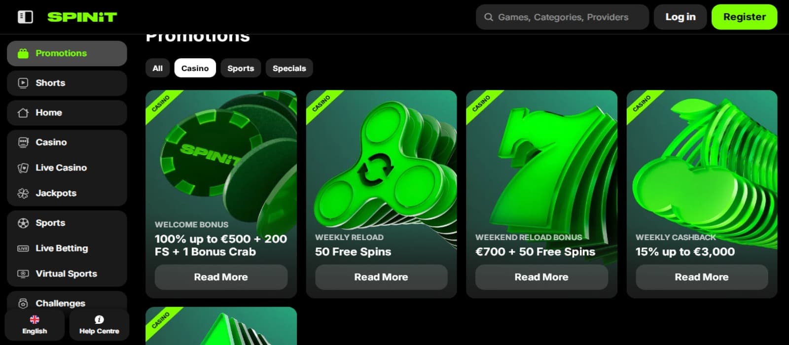 Spinit Casino promotions page with the various bonus offer green banners, side navigation menus and login option at the top