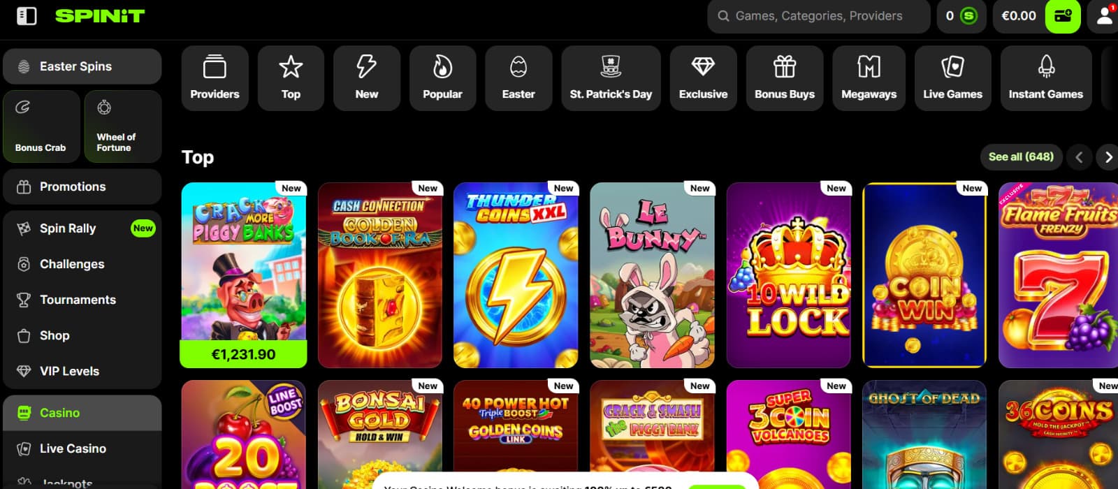 SPINiT casino games page showing a dark game lobby with neon green branding, left-side menu, category filters, and rows of slot titles.