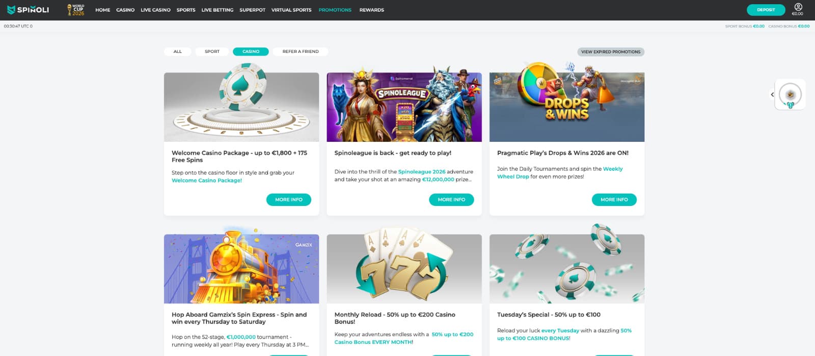 Spinoli Casino promotions page showing the welcome casino package worth up to €1,800 plus 175 free spins, alongside ongoing offers including Spinoleague tournaments, Pragmatic Play Drops & Wins, monthly reload bonuses, and weekly casino promotions.