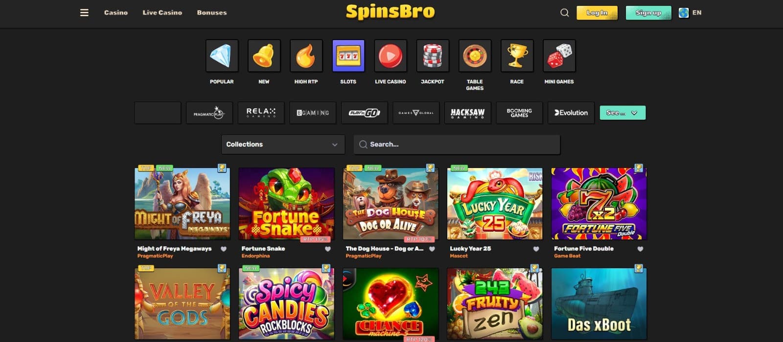 Wide selection of slot games with various themes and features.