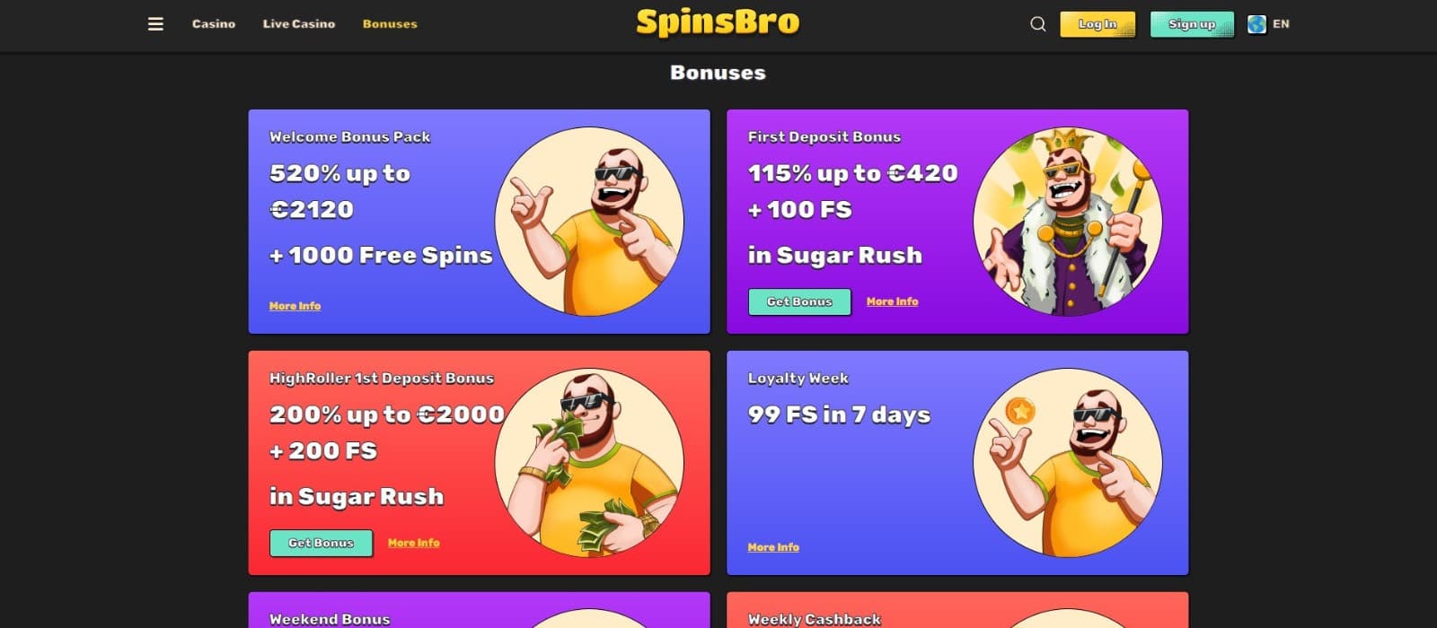  The promotions page of SpinsBro Casino showcases a range of casino bonuses, such as the welcome bonus pack, first deposit bonus, and more.