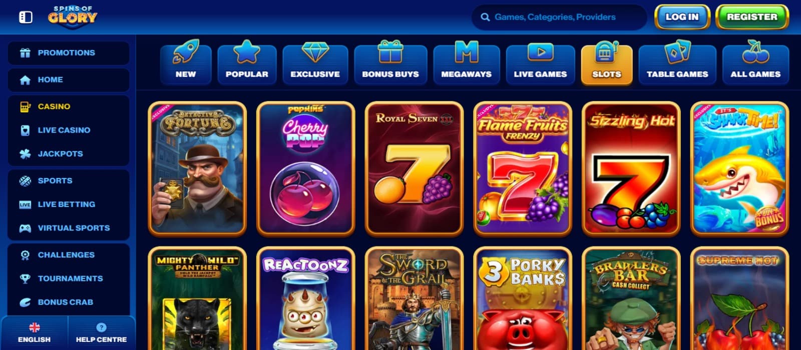 Spins of Glory Casino games page with the various colorful slot game icons, side navigational panel and game categories at the top