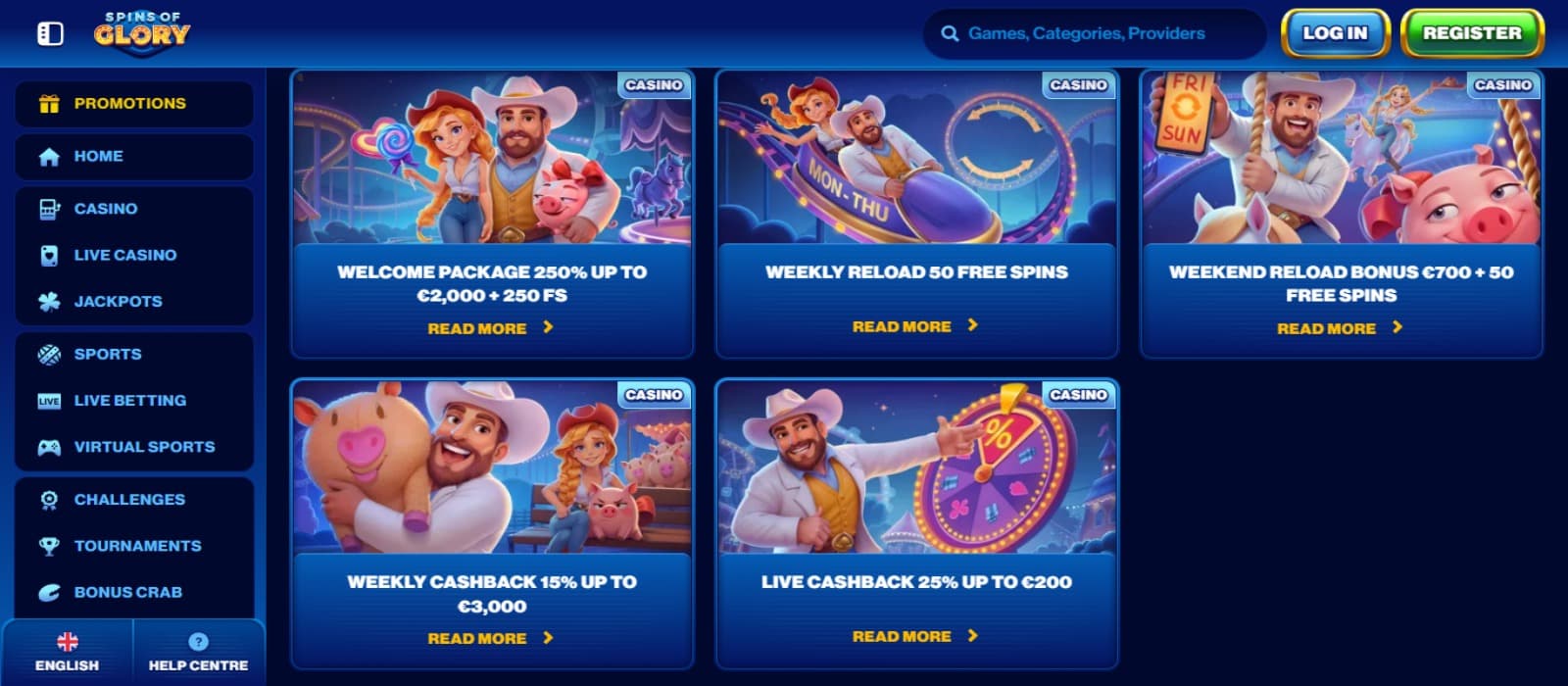 Spins of Glory Casino promotions page with the animated bonus offer banners showing a man with hat, pigs, and a young girl with the side navigational panel