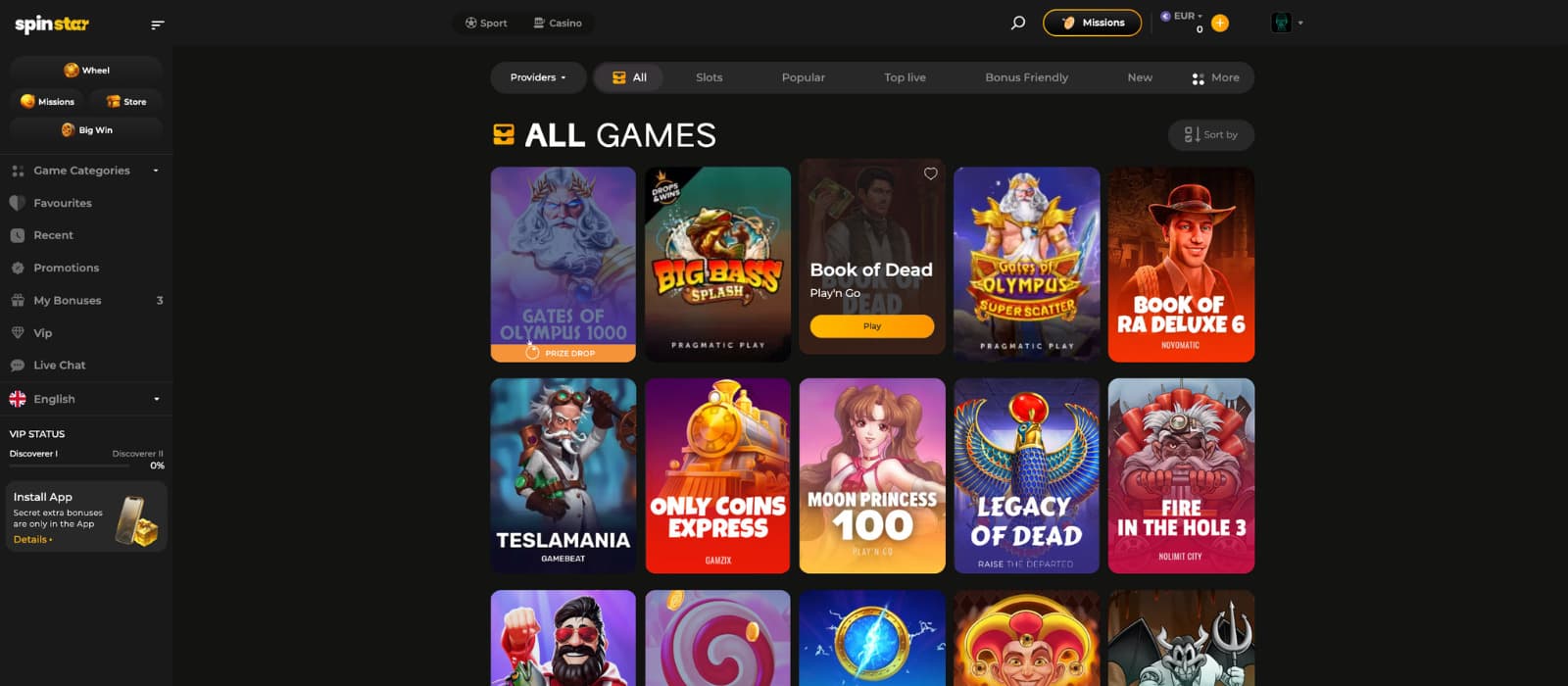 Spinstar.bet casino games page showing slot game thumbnails, provider filters, and category navigation in a dark-themed interface