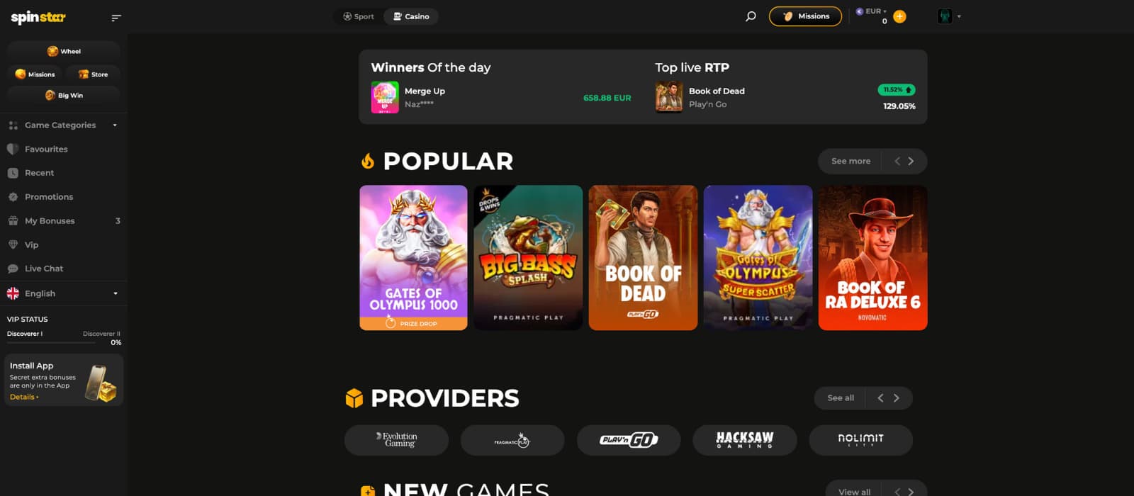 Spinstar.bet casino landing page featuring popular slots, top providers, winners of the day section, and a dark modern lobby layout