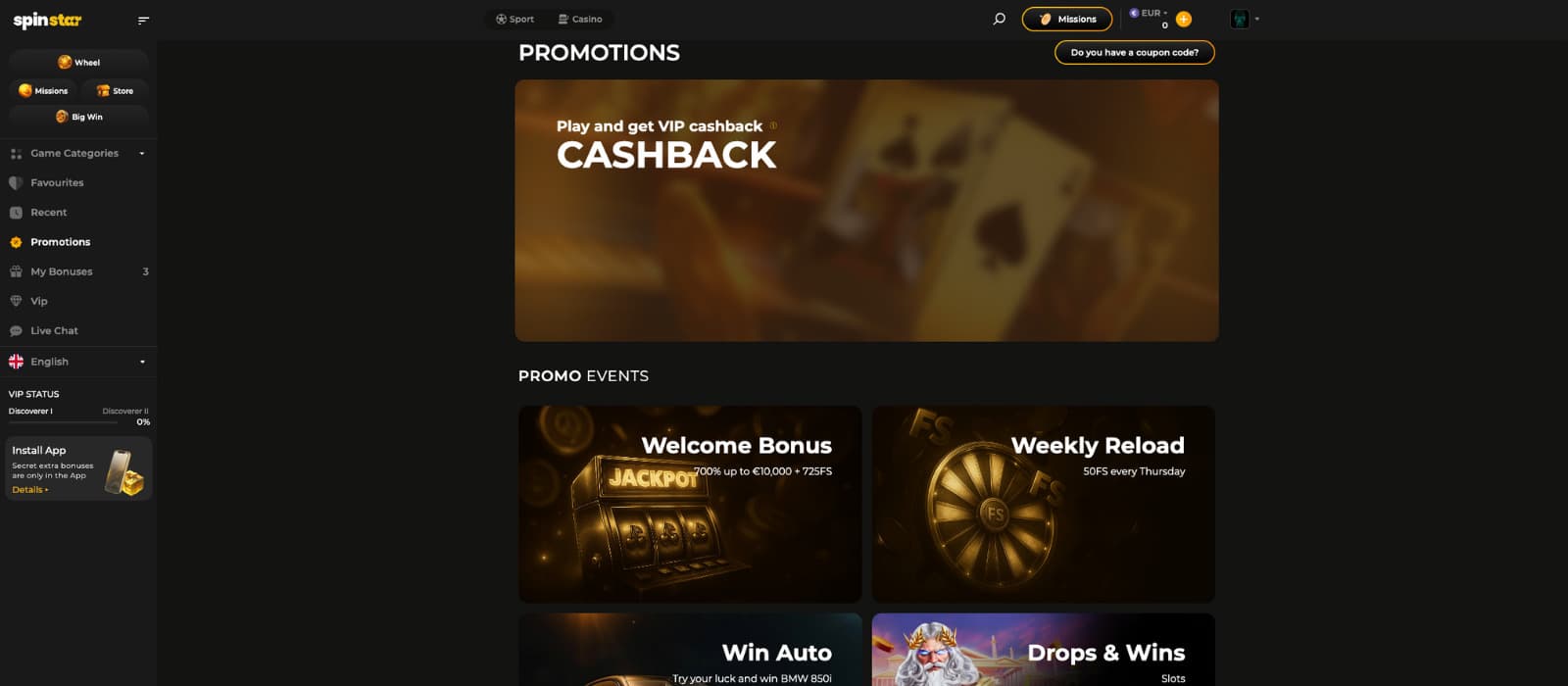 Spinstar.bet promotions page highlighting welcome bonus, weekly reload offers, and cashback promotions displayed in large banner tiles